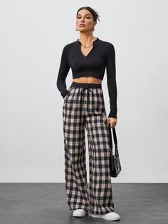 Contrast Color Black And White Plaid Versatile Casual Texture Design Loose Trousers Black and White Casual   Woven Fabric Plaid,Tartan Wide Leg Non-Stretch  Women Clothing, size features are:Bust: ,Length: ,Sleeve Length: