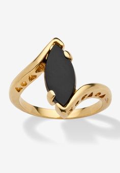 The sleek, clean look of onyx is made even more beautiful in this golden ring. A marquise-shaped onyx stone is set in a swirl of 18k gold-plated. Includes gift box and drawstring pouch. 18k Gold-PlatedMain Stone: 1 Marquise Special Cut Genuine Black Onyx, 14 mm x 7 mmDimensions: 22 mm wide x 17 mm long x 4 mm highSizes 5-10Includes gift box and drawstring pouchImported  | Women's 18k Yellow Gold-Plated Natural Black Onyx Marquise Shaped Bypass Ring by PalmBeach Jewelry in Gold (Size 6) Palm Beach Jewelry, Gold Ring Designs, Bypass Ring, Golden Ring, Black Onyx Ring, Rings Cool, Unique Ring, Onyx Ring, Drawstring Pouch