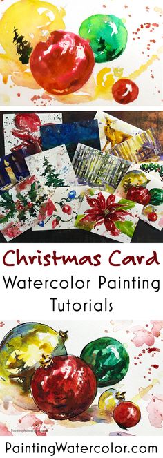 christmas card watercolor painting with red and green ornaments on the bottom, and an image of