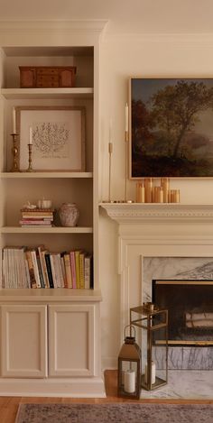 a living room filled with furniture and a fire place next to a book shelf covered in books