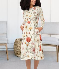 Floral Midi Dress Long Sleeves with Pockets, Cute Cottagecore Fall Winter Dress for Petite to Plus Size Women Sizes 2XS-6XL, Easter Dress, Gift for Her Meet your new favorite dress! Its soft fabric and flattering cut will ensure you feel comfortable and feminine all day long.  Plus, the fitted waist and flared bottom part of the dress will accentuate the wearer's naturally beautiful silhouette. The best part about the dress? It. Has. Pockets.   * 95% polyester, 5% elastane (fabric composition ma Fall Winter Dress, Cottagecore Fall, Cute Cottagecore, Beautiful Silhouette, Fall Winter Dresses, Dress Long Sleeves, Winter Dress, Elastane Fabric, Easter Dress