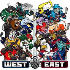 an image of the west and east teams playing hockey together in front of each other