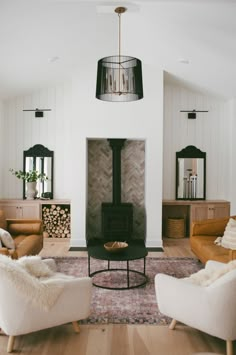 Fireplace, Wood burning stove, wood stove, living room, firewood stacks, white living room, neutral living room Scandinavian Fireplace, Modern Wood Burning Stoves, Wood Fireplace, Stove Fireplace, Lounge Ideas