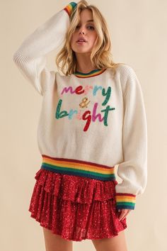 Sparkle “Merry Bright” Letter Rainbow Rib Sweater Letter Sweater, Sweater Designs, Round Top Collection, Rib Sweater, Athleisure Leggings, Etsy Ideas, Christmas Sweaters For Women, Linen Spray, Handbag Charms