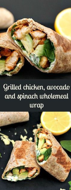 two wraps filled with chicken, avocado and spinach wholemeal wrap