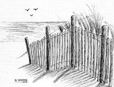 a pencil drawing of a beach fence and seagulls