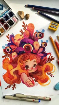 a drawing of a girl with orange hair and flowers on her head surrounded by other art supplies