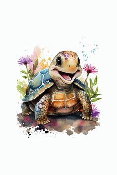 a watercolor painting of a turtle with flowers on it's back and smiling