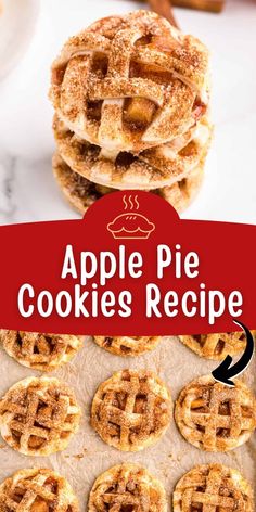 apple pie cookies are stacked on top of each other with an arrow pointing to them