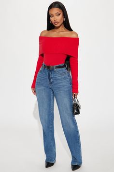 Available In Black, Red, And Ivory. Pullover Sweater Long Sleeve Off Shoulder Fold Over Detail Ribbed Hem 88% Polyester 12% Nylon Imported | Layla Off Shoulder Sweater in Red size XL by Fashion Nova Knit Off The Shoulder Sweater, Red Off The Shoulder Sweater, Red Off The Shoulder Top, Off Shoulder Sweater, Braids For Black Hair, Shoulder Sweater, Red Fashion, Red Sweaters, Fold Over