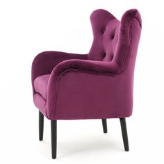 an upholstered purple chair with black legs and tufted back, on a white background