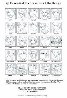 an anime character's expressions chart with the words, how to draw them in different ways