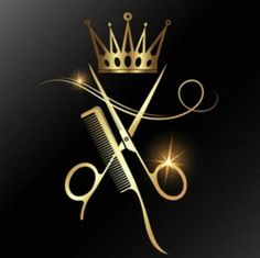 golden scissors and comb with crown on black background for hairdressers logo or emblem