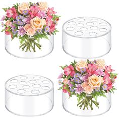 three clear vases with flowers in them