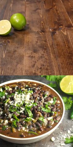 two pictures side by side, one with black beans and the other with limes