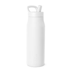 thermos bottle is white and has a handle on it's side, with an open lid