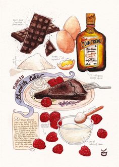 the ingredients for a chocolate cake on a plate with raspberries