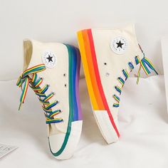 Women High Top Sneakers, Rainbow Sneakers, Rainbow Shoes, Striped Sneakers, Yellow Shoes, High Top Shoes, Canvas Sneakers, Casual Shoes Women, White Shoes