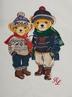 two teddy bears wearing winter clothes and hats