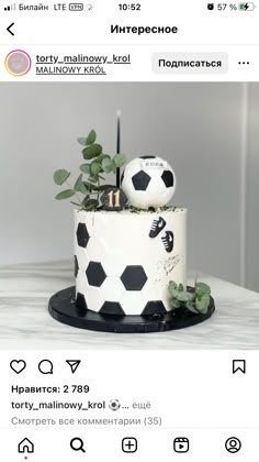 a white and black cake with soccer balls on top is sitting on a table next to a potted plant