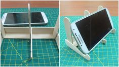 two pictures of the same cell phone on a stand, and one showing it's screen