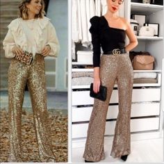 Beautiful Brand New Zara Pant Party Season High-waisted Wide Leg Pants, Glamorous Fitted Wide Leg Pants For Evening, Elegant Gold Fitted Bottoms, Gold Sequined Bottoms For Fall, Fall Party Stretch Wide Leg Pants, Wide Leg Pants For Night Out During Party Season, Glamorous High-waisted Wide Leg Pants, Glamorous Wide Leg Pants For Evening, Elegant Stretch Gold Bottoms