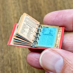 a miniature book is held in the palm of someone's hand, with several pages spread out