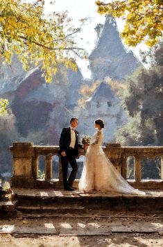 a bride and groom are standing on some steps in front of a mountain range with trees