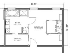 the floor plan for a bedroom and bathroom