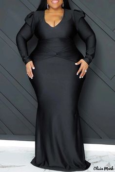 Olivia Mark - Stylish and Elegant Long Sleeve V-Neck Formal Dress for Plus Size Women, Featuring a Blend of Solid Black and Patchwork Accents Green Plus Size Dresses, Birthday Dress Women, Chic Evening Dress, Dress Tight, Plus Size Formal, Long Sleeve Dress Formal, Party Dress Long Sleeve, Birthday Dress, Wholesale Dress