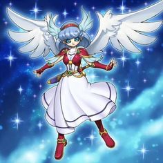 an anime character flying through the air with her wings spread out and stars in the background