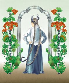 an image of a woman with long hair standing in front of a mirror and flowers