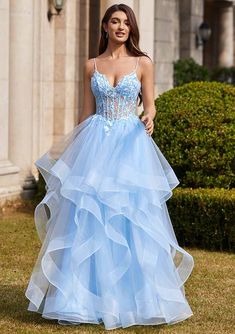 Ball Gown V Neck Sweep Train Tulle Prom Dress with Appliqued Beading Ruffles S7754P - Prom Dresses - Stacees Sky Blue Prom Dress Corset, Sky Blue Prom Dress Tulle, Two Piece Prom Dresses Light Blue, Light Blue Prom Dresses Fluffy, Prom Dress Floor Length Seqens For Teens, Prom Dresses Long Baby Blue, Light Blue Prom Dress Luulla, Prom Dresses Top Part, Prom Dresses Lifht Blue