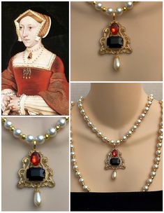 Historical Modern Replica Jewelry Queen Jane Seymour c. 1508 - October 24, 1537 3rd Wife of Henry VIII Created with: Gold Tone Brass Filigree Gold Plated Settings Imported Off-White Czech Glass Pearls Crystal Faceted Glass Stones in their own Settings Gold Plated Beads Gold Plated Findings  Necklaces @ 16 inches and 26 inches in length I hope you like my take of the necklace worn by Queen Jane Seymour.  Following the execution of Henry VIII's second wife Anne Boleyn, Jane Seymour became the third wife of King Henry VIII and reigned as Queen Consort of England from 1536 to 1537.  Unfortunately, Queen Jane died from postnatal complications about two weeks after giving birth to her only child, Edward.  Edward would go on to follow his father to the throne as Edward VI.  Queen Jane is wife who Medieval Style Jewelry With Historical Design, Medieval Jewelry With Historical Design As Gift, Medieval Jewelry With Historical Design For Gift, Tudor Jewelry, Jewelry Queen, Wives Of Henry Viii, Queen Consort, King Henry Viii, Replica Jewelry