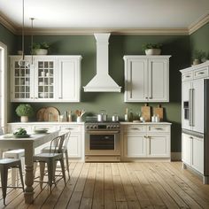 a kitchen with green walls and white cabinets