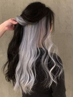 long black hair with silver underneath Hair Claim, Hair Dyed Underneath, Half Dyed Hair, Peekaboo Hair, Hairstyle Inspo