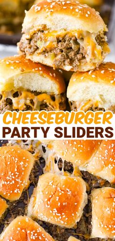 cheeseburger party sliders are stacked on top of each other and ready to be eaten