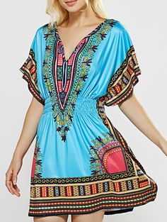 Mini Dresses | Ethnic Style Totem Printed Shirred Waist Dress #summer #fashion #blue #dress