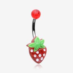 Glittery Strawberry Belly Button Ring-Red/Green Belly Button Piercing Jewelry, Strawberry Design, Red Valentine, Dangle Belly Rings, Facial Piercings, Belly Jewelry, Body Jewelry Piercing, Piercing Ring, Navel Piercing