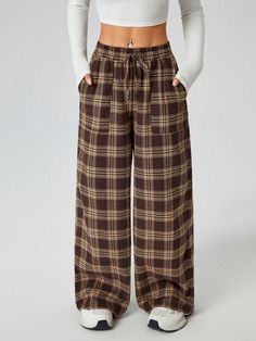 Women's Autumn And Winter Woven Plaid Wide-Leg Trousers With Pockets Brown Casual   Woven Fabric Plaid Wide Leg Non-Stretch  Women Clothing, size features are:Bust: ,Length: ,Sleeve Length: Plaid Trousers Women, Clara Core, Plaid Pants Women, Style Moodboard, Plaid Pajama Pants, Plaid Trousers, Checked Trousers, Plaid Pajamas, Women Pants