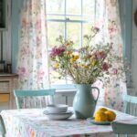 a dining room table with flowers and plates on it