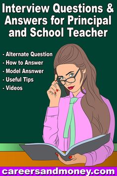 a woman talking on the phone while holding a book in front of her face with text reading interview questions & answers for principals and school teacher