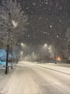 a snowy night with street lights and trees