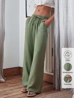 Damen Hose mit hoher Taille, weitem Bein und Gesäßtaschen aus Musselin Khaki Lässig   Gewebter Stoff Einfarbig Gerade geschnitten Undehnbar  Women Clothing, size features are:Bust: ,Length: ,Sleeve Length: Women Clothing, Length Sleeve, Textiles, Sleeve Length, Pants, Trousers