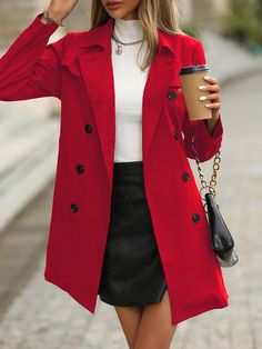 SHEIN LUNE Gabardina de doble botonadura con cinturónHe descubierto los artículos más increíbles en SHEIN.com, ¡ve y echa un vistazo! Red Trench Coat Outfit Casual, Red Coat Outfit Women, Short Red Coat Outfit, Red Coat Outfit Casual, Red Coat Outfit Winter, Short Trench Coat Outfit, Red Coat Winter, Red Trench Coat Outfit