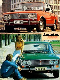 an advertisement for the new lada car from 1960 and today, with two women sitting on the front