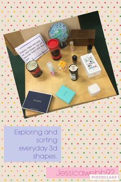 the contents of an art project displayed on a table with polka dot background and text reading exploring and sorting everyday day 3d shapes