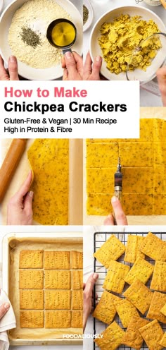 steps of making homemade chickpea crackers recipe with chickpea flour, olive oil and thyme Chickpea Snacks Healthy, Homemade Vegan Biscuits, Chickpea Gluten Free Recipes, Dehydrator Cracker Recipes, Gf Crackers Recipe, What To Make With Chickpea Flour, Grain Free Crackers Recipe, Alkaline Crackers, Homemade Gluten Free Crackers