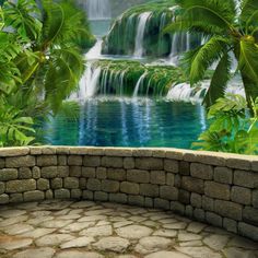 a stone bench sitting in front of a waterfall