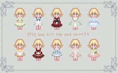 some pixel art style girls with different outfits and haircuts, all wearing dresses